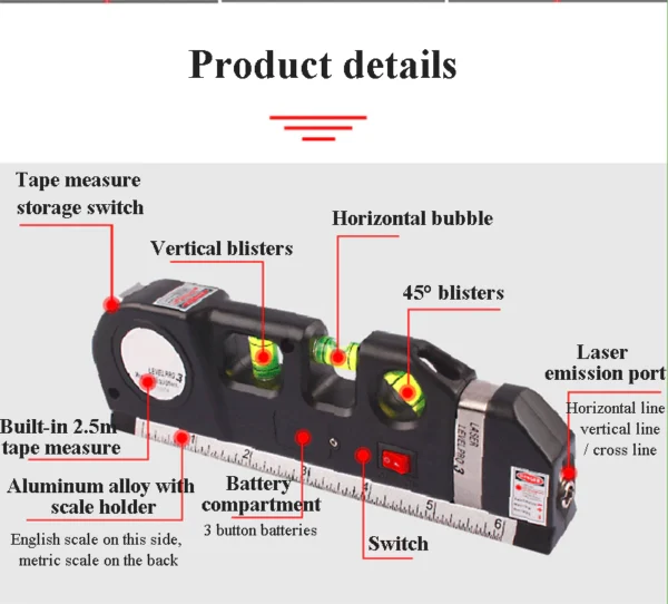 Laser Level Vertical Horizontal 2 Lines Lasers Ruler Measure Tape